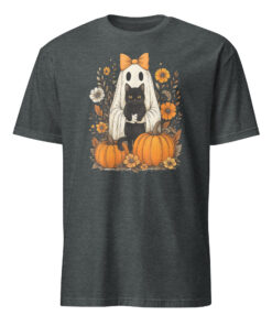 Vintage Halloween Ghost Holding Black Cat Groovy Floral T-Shirt