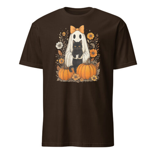 Vintage Halloween Ghost Holding Black Cat Groovy Floral T-Shirt - Image 3