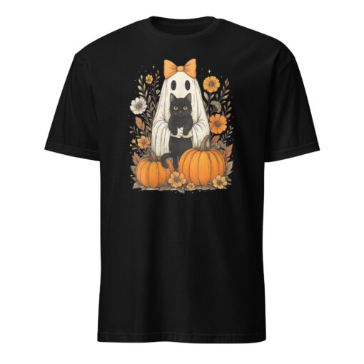 Vintage Halloween Ghost Holding Black Cat Groovy Floral T-Shirt