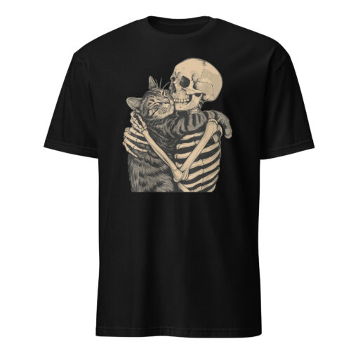 Skeleton Hugging Cat Halloween Cat Lover Cat Mom Dad T-Shirt
