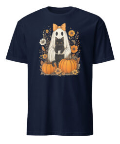 Alternative view of Vintage Halloween Ghost Holding Black Cat Groovy Floral T-Shirt
