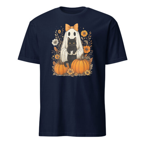Vintage Halloween Ghost Holding Black Cat Groovy Floral T-Shirt - Image 2