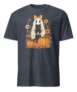 Vintage Halloween Ghost Holding Black Cat Groovy Floral T-Shirt