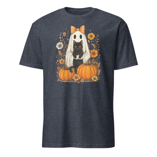 Vintage Halloween Ghost Holding Black Cat Groovy Floral T-Shirt - Image 5