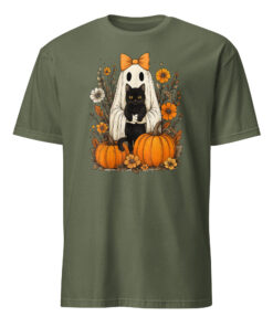 Vintage Halloween Ghost Holding Black Cat Groovy Floral T-Shirt
