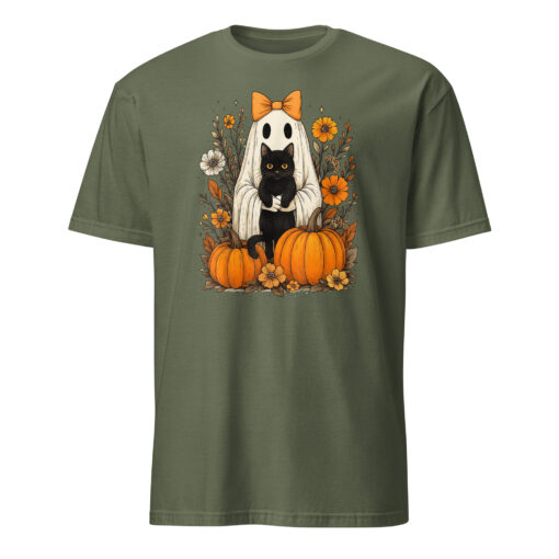 Vintage Halloween Ghost Holding Black Cat Groovy Floral T-Shirt - Image 8