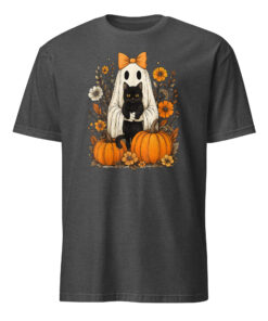 Vintage Halloween Ghost Holding Black Cat Groovy Floral T-Shirt