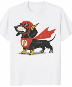 Dachshund wiener dog superhero shirt with cape and comic-style design