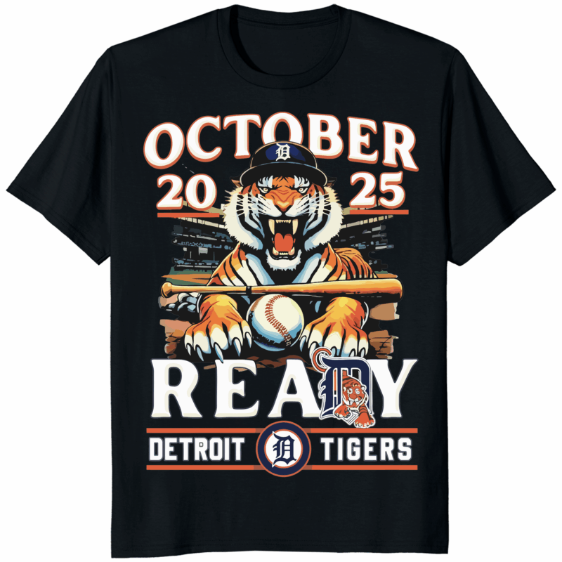 Detroit Tigers October Ready 2025 Mascot Shirt 12 Detroit Tigers October Ready 2025 Mascot Shirt featuring PAWS mascot in navy and orange postseason design
