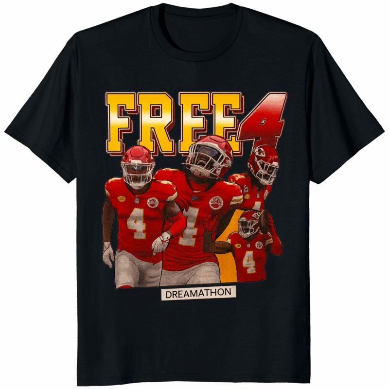 Official Free 4 Dreamathon Shirt in premium cotton with bold Free 4 slogan, limited edition athlete-inspired streetwear.