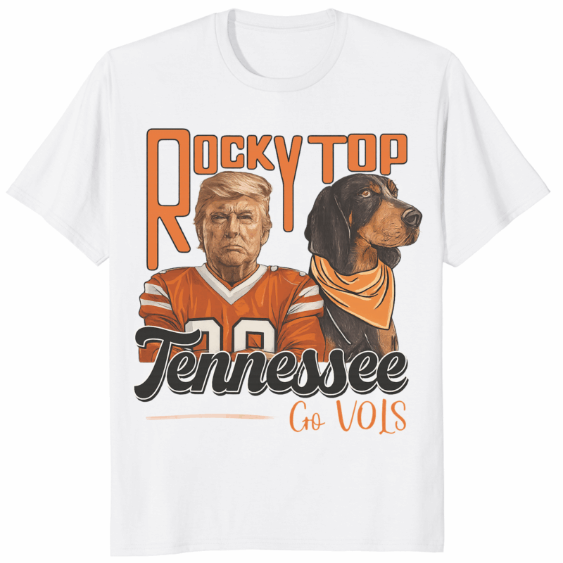 Trump Tennessee VOLS Smoky Hound Dog University of Tennessee Shirt in white color, featuring Donald Trump in a Tennessee Volunteers jersey alongside Smokey the Bluetick Hound mascot with “Rocky Top Tennessee Go Vols” text design