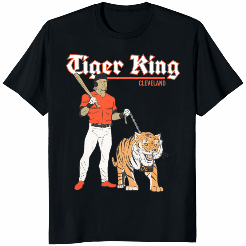 Tiger King Cleveland Shirt 12 Tiger King Cleveland Shirt with slugger and chained tiger graphic for Cleveland baseball fans