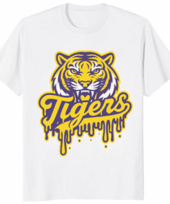 Tigers Mascot Drip Purple Yellow Gold Shirt school spirit and streetwear style