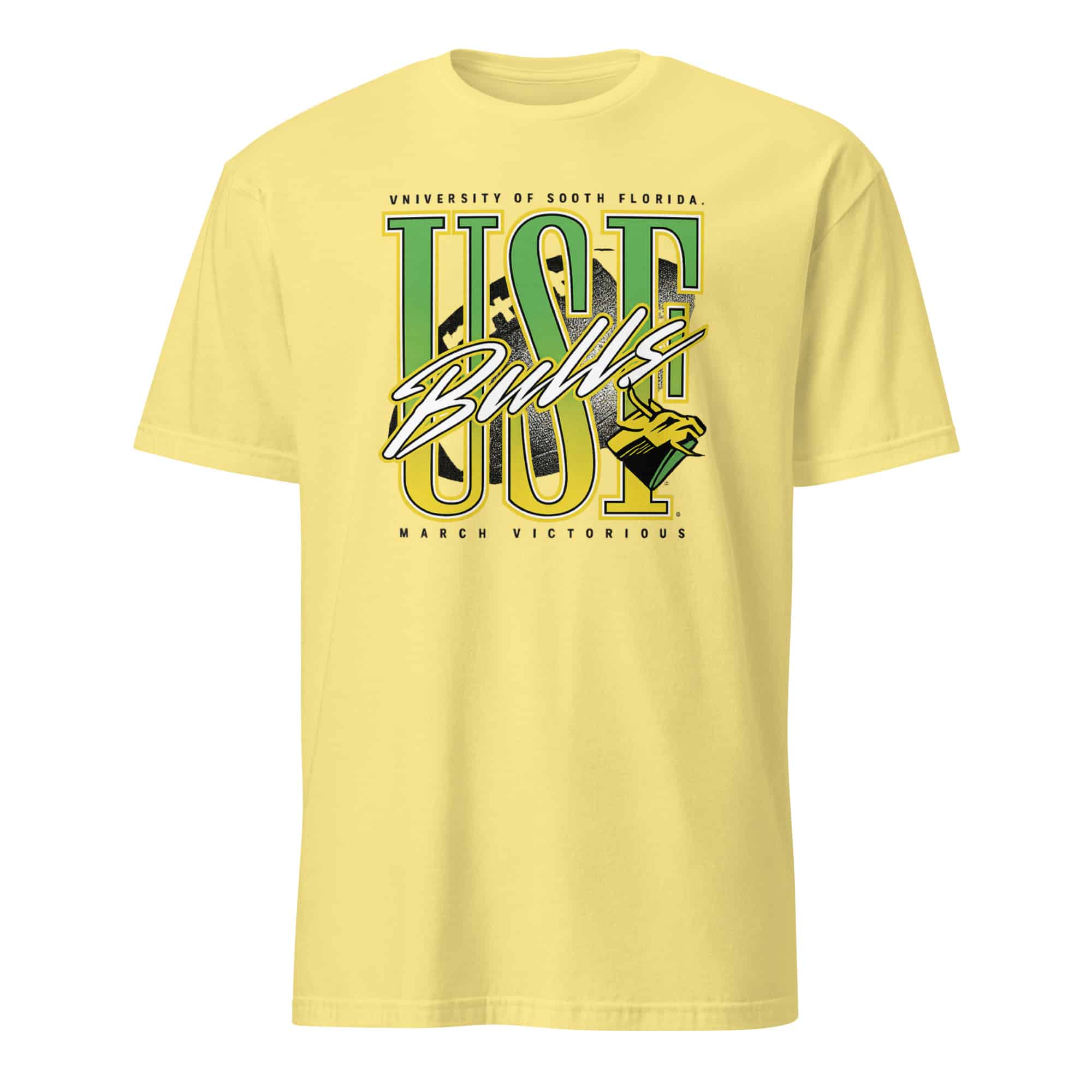 USF Bulls Football Match Victorious Neon Retro Shirt 7 Cornsilk USF Bulls Football Victorious Neon Retro Shirt with bold green and gold vintage design, ideal for college football fans