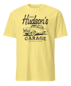 Doc Hudson Garage Radiator Springs Shirt 13 Doc Hudson Garage Radiator Springs Shirt in cornsilk yellow – Disney Pixar Cars retro t-shirt
