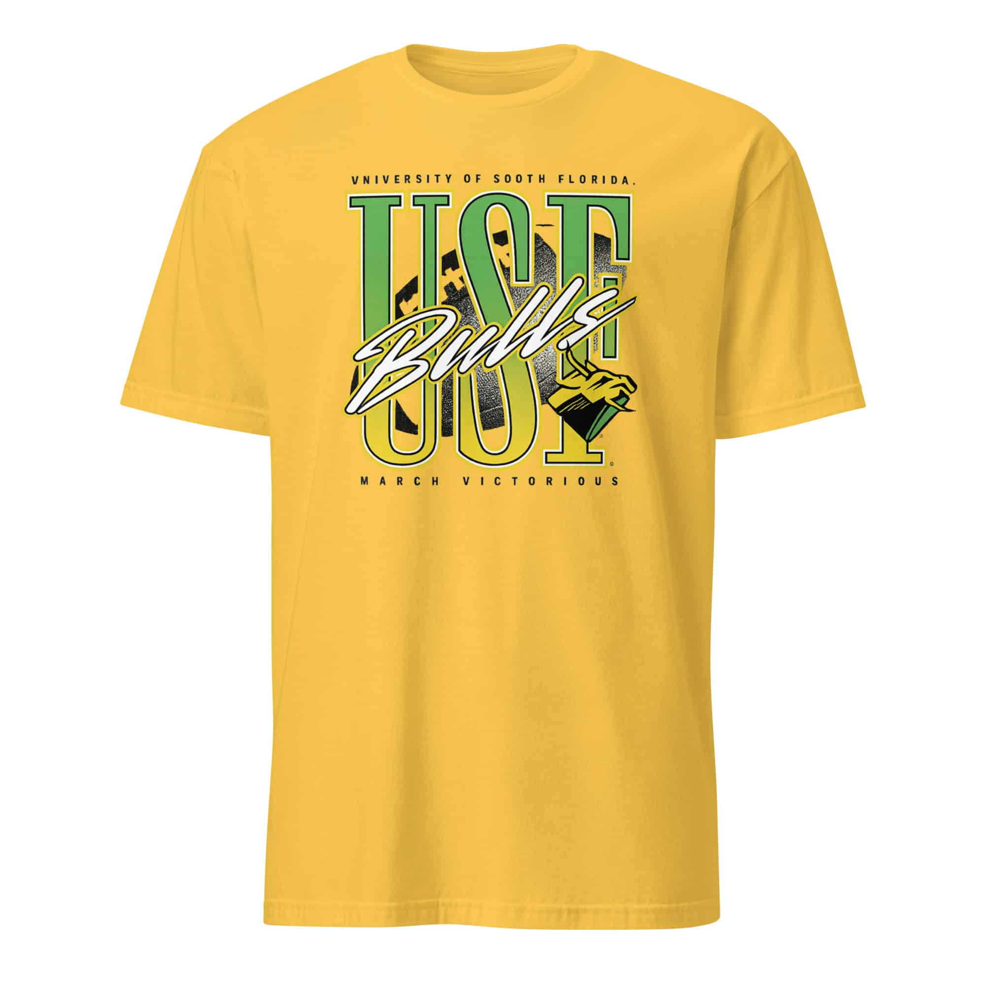 USF Bulls Football Match Victorious Neon Retro Shirt 3 Daisy color USF Bulls Football Victorious Neon Retro Shirt with green and gold retro print for college football fans