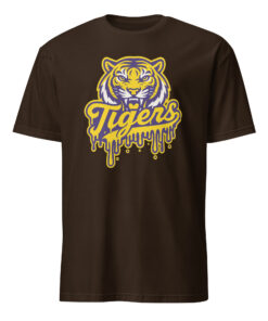 Tigers Mascot Drip Purple Yellow Gold Shirt 14 Tigers Mascot Drip Purple Yellow Gold Shirt on dark chocolate background for team spirit and fashion style