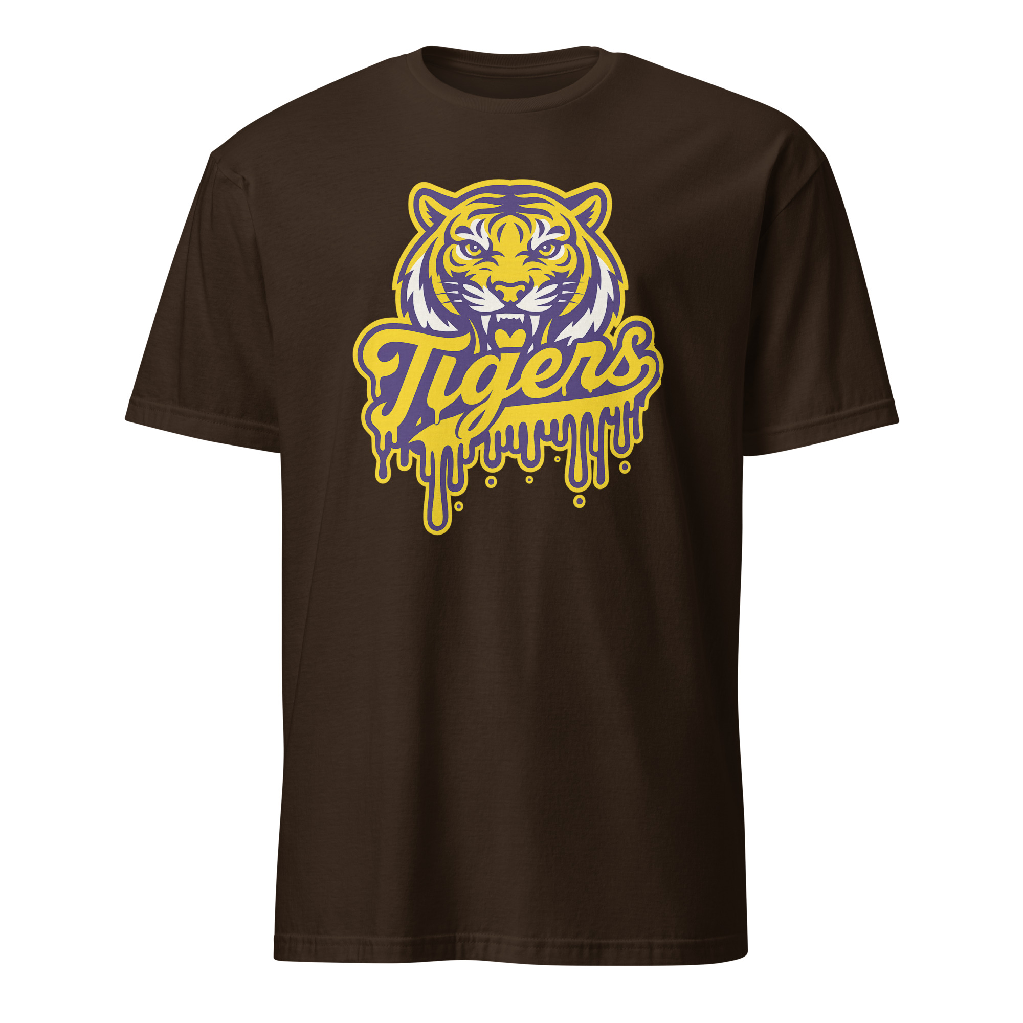 Tigers Mascot Drip Purple Yellow Gold Shirt 3 Tigers Mascot Drip Purple Yellow Gold Shirt on dark chocolate background for team spirit and fashion style