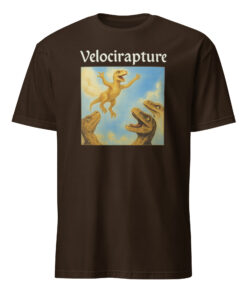 velocirapture shirt 7 Velocirapture Shirt in dark chocolate – funny dinosaur pun tee with raptor and theology meme design
