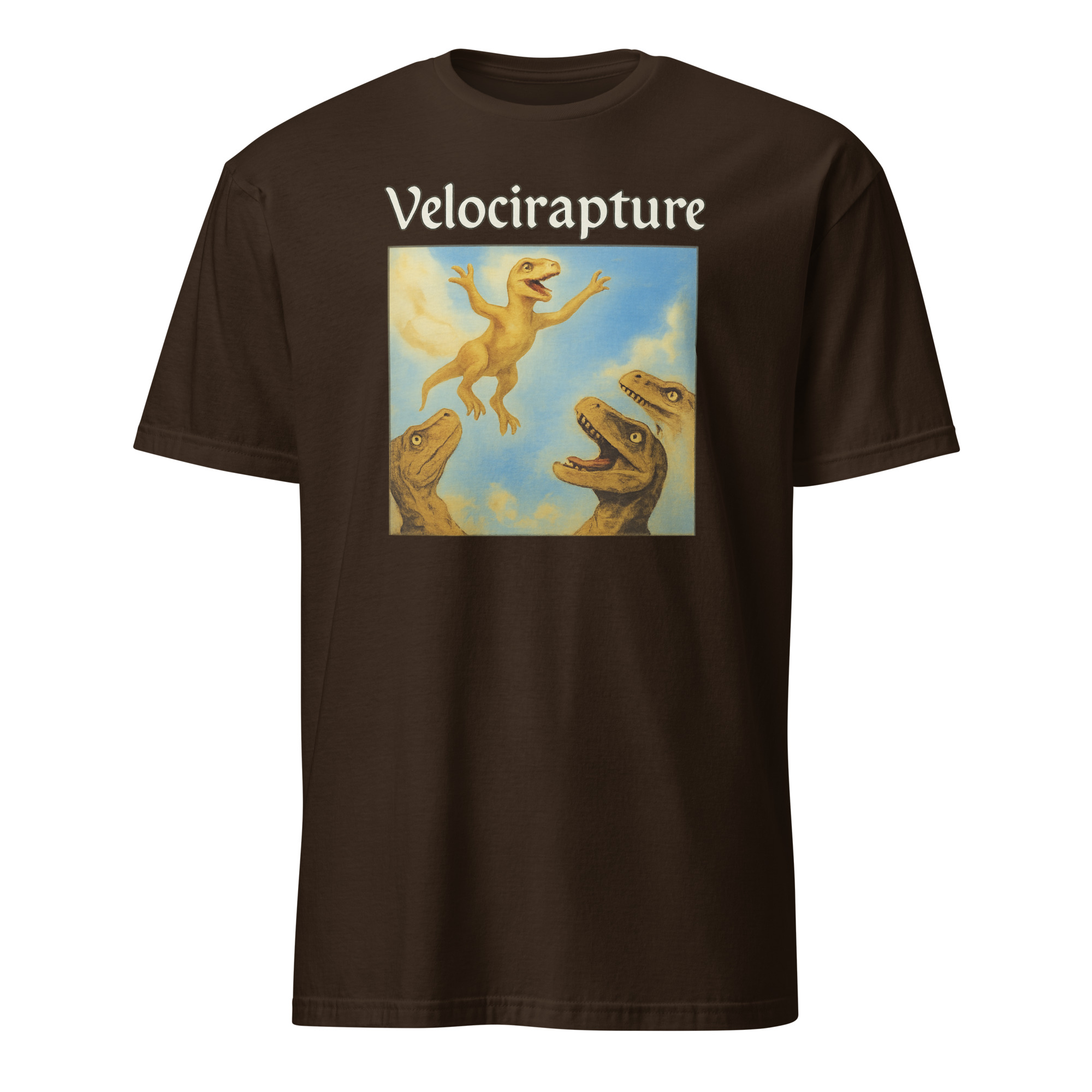 velocirapture shirt 3 Velocirapture Shirt in dark chocolate – funny dinosaur pun tee with raptor and theology meme design
