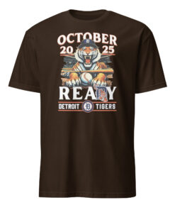 Detroit Tigers October Ready 2025 Mascot Shirt 8 Detroit Tigers October Ready 2025 Mascot Shirt in dark chocolate with PAWS mascot and postseason design