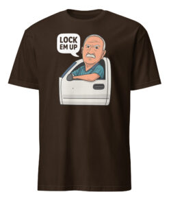 Hit The Road Dude Lock Em Up Shirt in dark chocolate – bold slogan on dark brown graphic tee