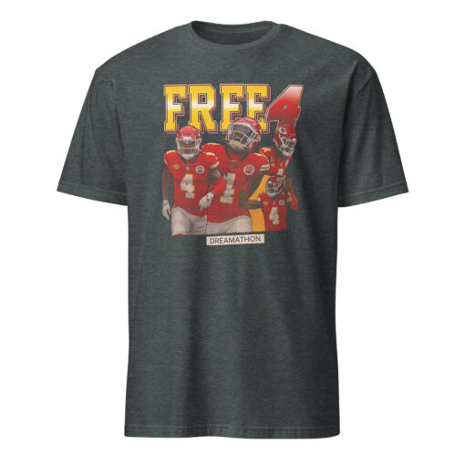 Official Free 4 Dreamathon Shirt in Dark Heather, soft cotton-poly blend with bold Free 4 slogan and reinforced stitching.