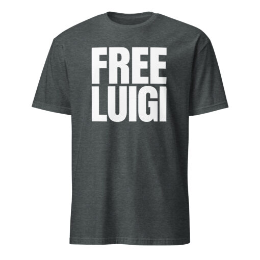 Free Luigi Mangione Shirt in dark heather color – viral meme t-shirt made with 65% polyester and 35% cotton, trending on TikTok.