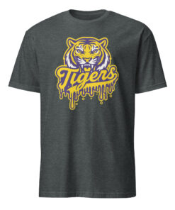 Tigers Mascot Drip Purple Yellow Gold Shirt 15 Tigers Mascot Drip Purple Yellow Gold Shirt on dark heather background for school spirit and casual streetwear