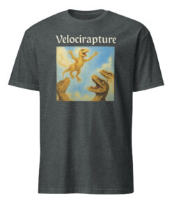 velocirapture shirt 8 Velocirapture Shirt in dark heather – funny dinosaur pun tee with raptor parody and theology humor design