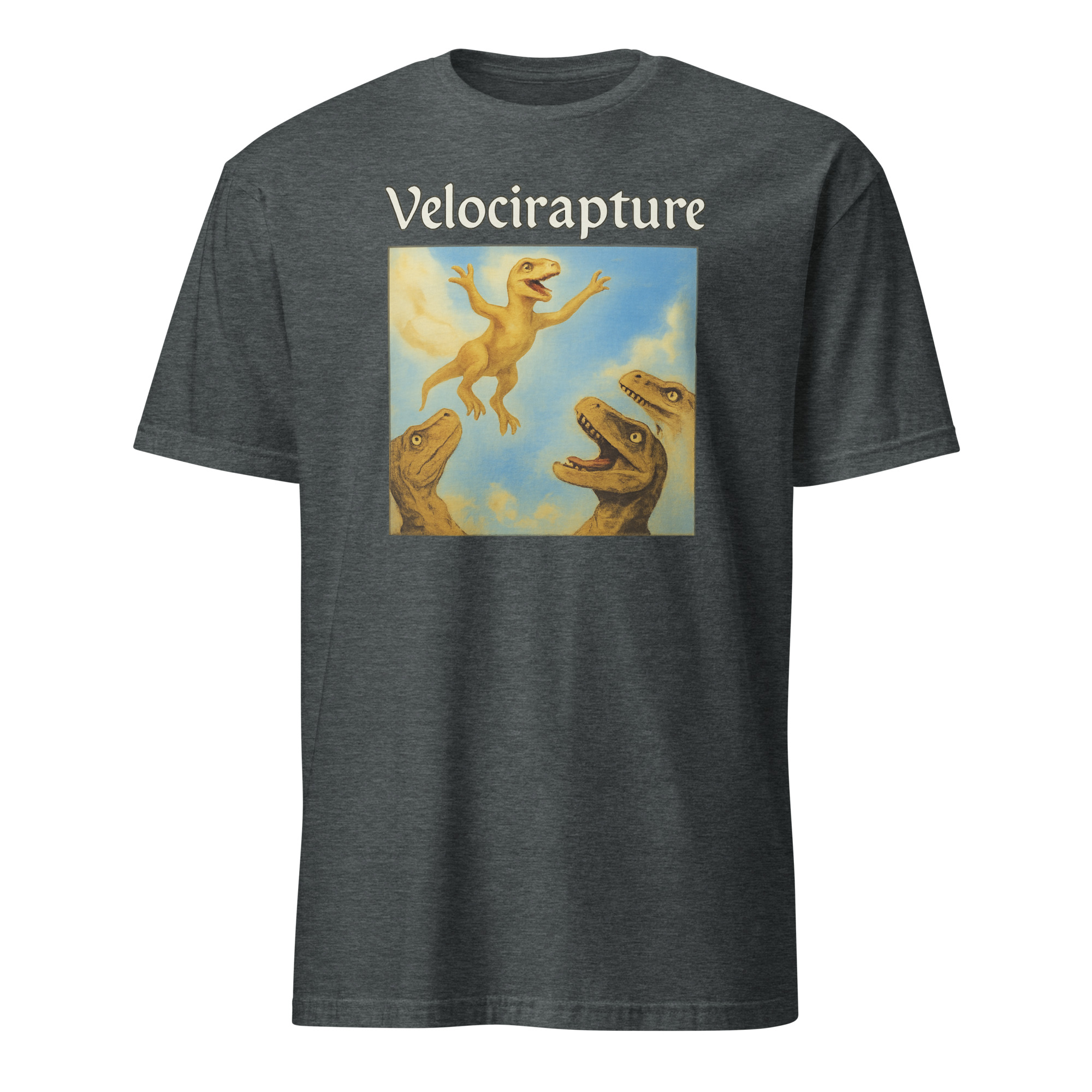 velocirapture shirt 4 Velocirapture Shirt in dark heather – funny dinosaur pun tee with raptor parody and theology humor design