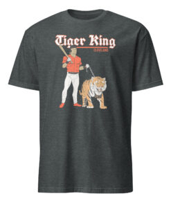 Tiger King Cleveland Shirt 9 Tiger King Cleveland Shirt in dark heather color with slugger and chained tiger graphic