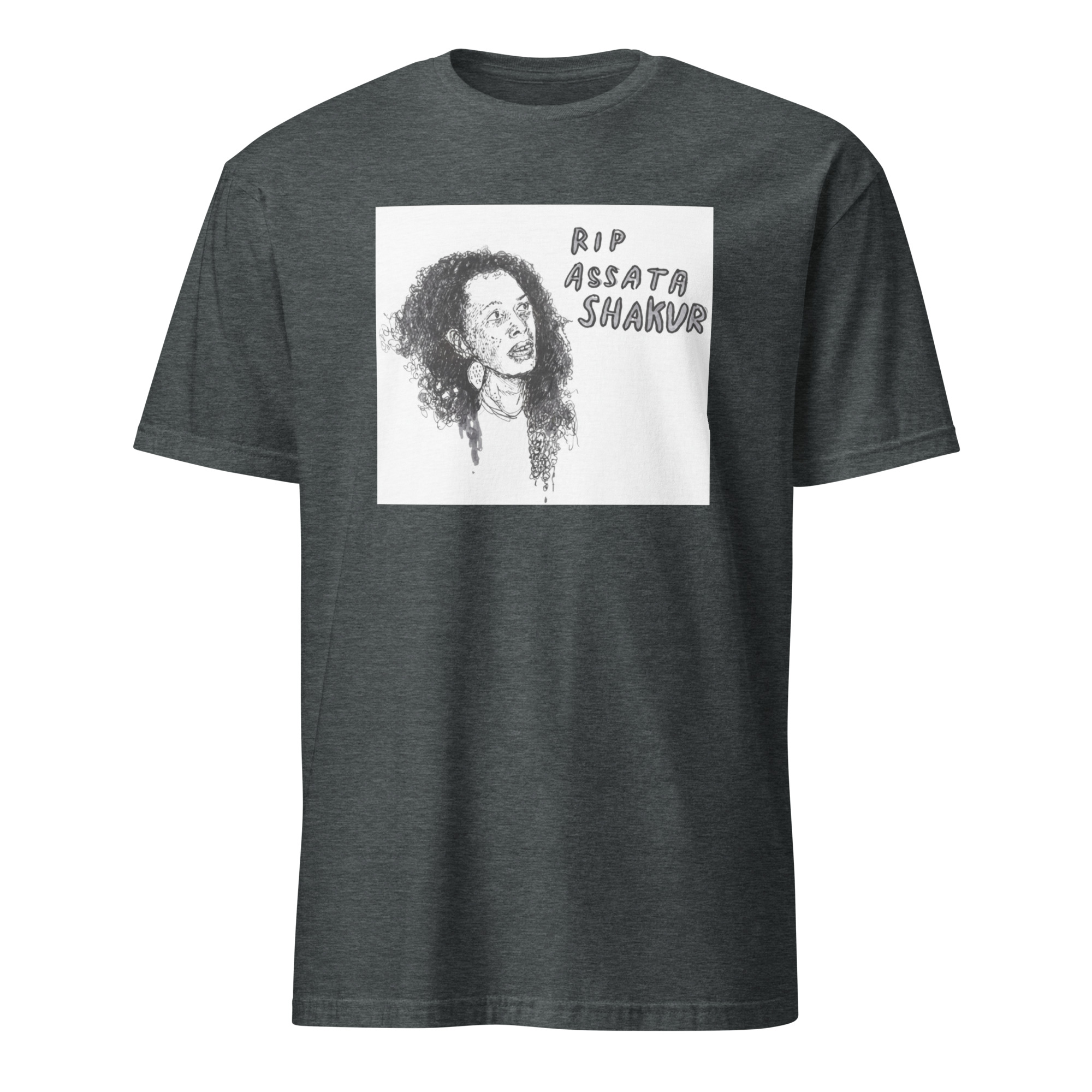 Assata Shakur shirt 4 Dark heather Assata Shakur shirt with bold activist design, Pan-African colors, and slogans symbolizing Black liberation and resistance.