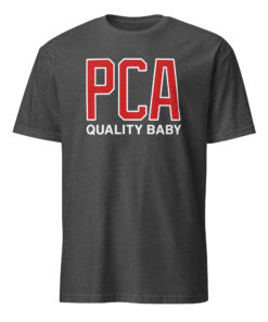 PCA Quality Baby Shirt 11 PCA Quality Baby Shirt dark heather grey with bold varsity red block letters
