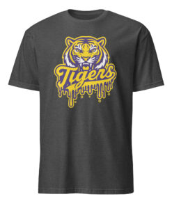 Tigers Mascot Drip Purple Yellow Gold Shirt 17 Tigers Mascot Drip Purple Yellow Gold Shirt on dark heather grey background for school pride and streetwear style