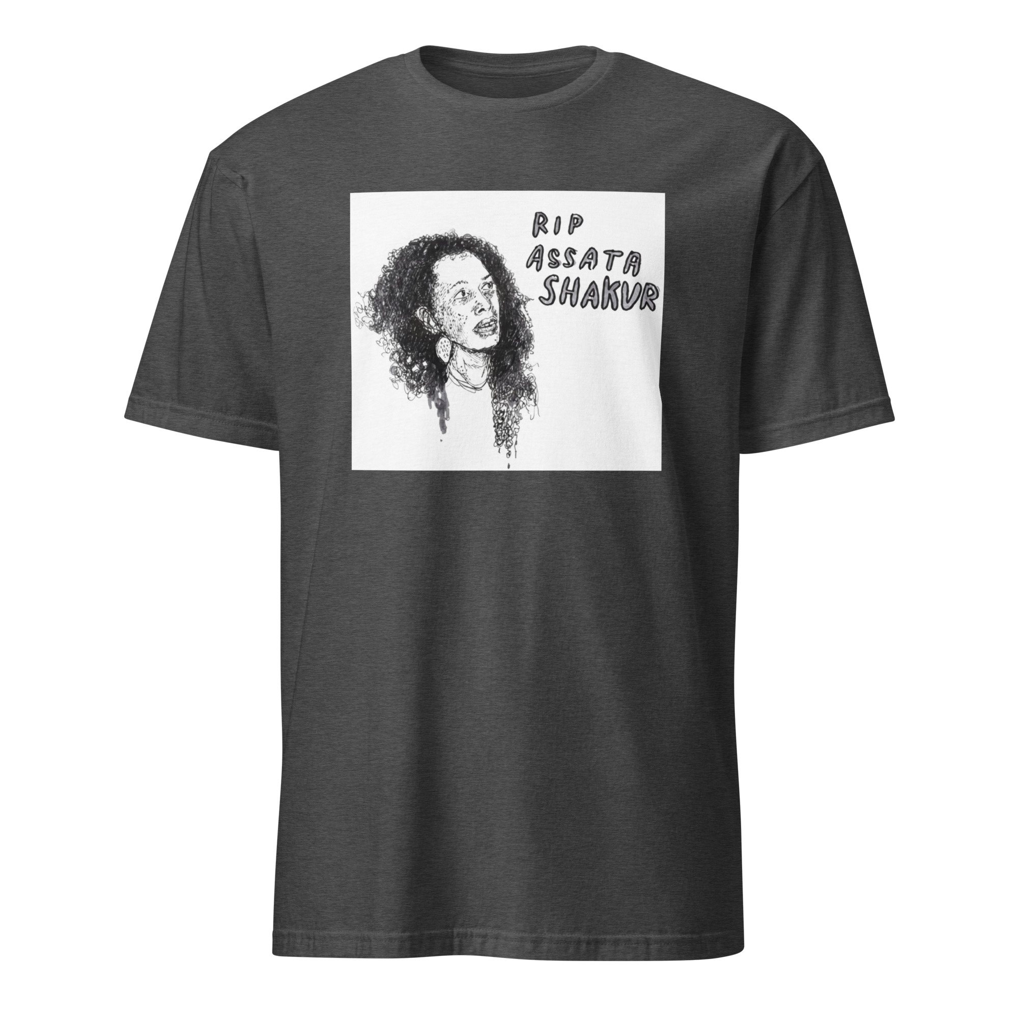 Assata Shakur shirt 6 Dark heather Assata Shakur shirt featuring bold activist design with Pan-African colors and slogans representing Black liberation.