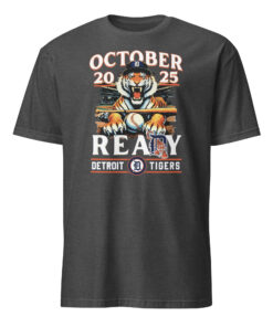 Detroit Tigers October Ready 2025 Mascot Shirt 11 Detroit Tigers October Ready 2025 Mascot Shirt in dark heather grey with PAWS mascot and postseason design