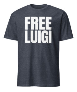 Free Luigi Mangione Shirt in heather navy – viral meme t-shirt blending cotton and polyester for comfort and durability.