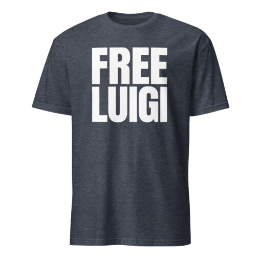 Free Luigi Mangione Shirt in heather navy – viral meme t-shirt blending cotton and polyester for comfort and durability.