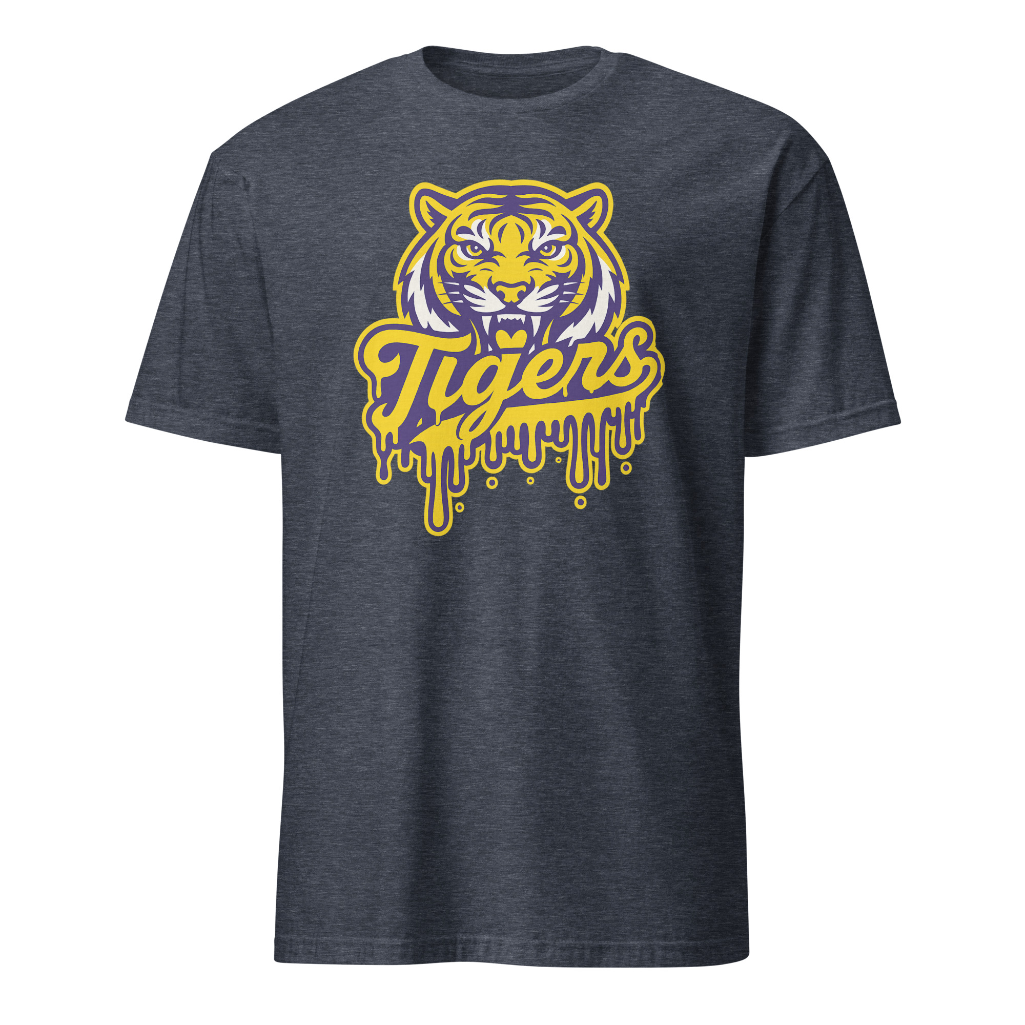 Tigers Mascot Drip Purple Yellow Gold Shirt 5 Tigers Mascot Drip Purple Yellow Gold Shirt on heather navy background for sports fans and fashion lovers