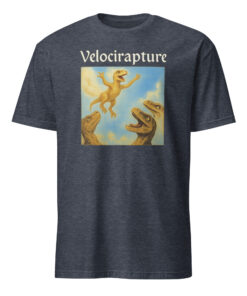 velocirapture shirt 9 Velocirapture Shirt in heather navy – funny dinosaur pun tee with raptor and theology parody design