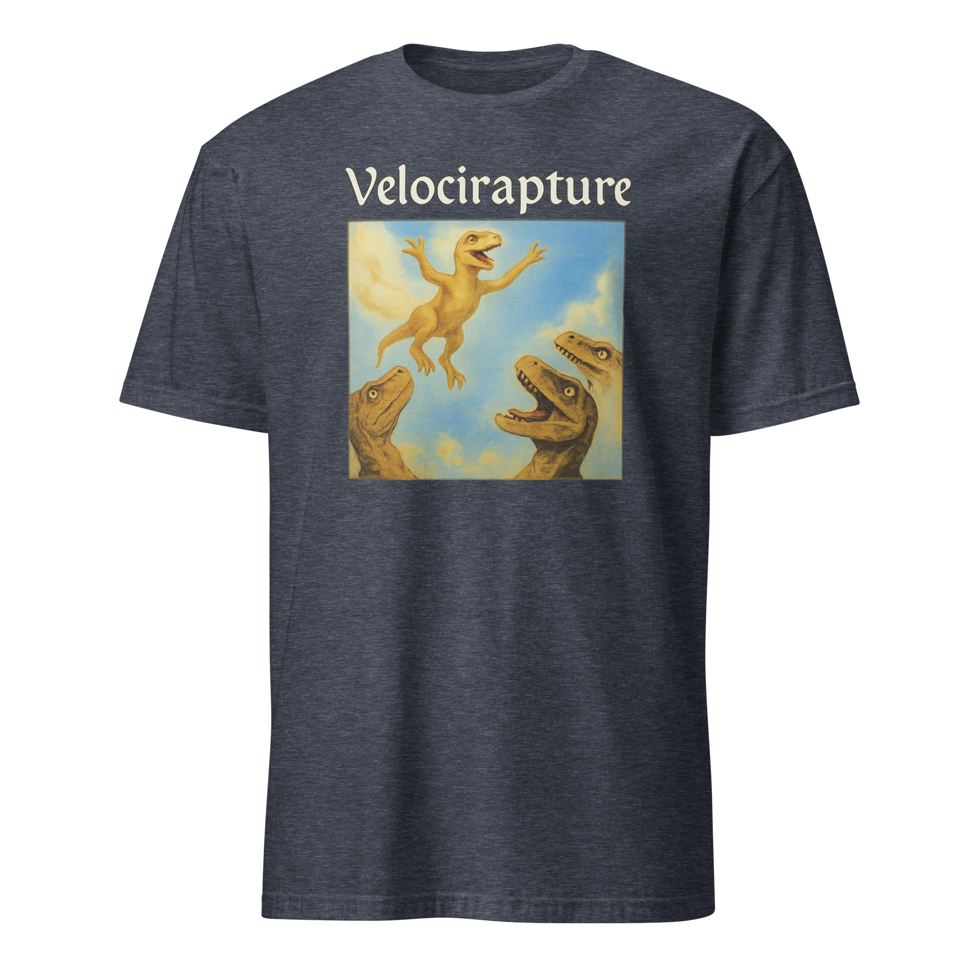 velocirapture shirt 5 Velocirapture Shirt in heather navy – funny dinosaur pun tee with raptor and theology parody design