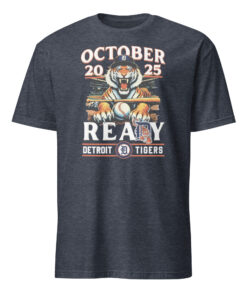 Detroit Tigers October Ready 2025 Mascot Shirt 10 Detroit Tigers October Ready 2025 Mascot Shirt in heather navy with PAWS mascot and postseason design