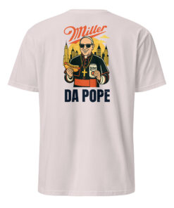 Back view of the Miller Lite Da Pope Shirt in ice grey, plain rear side of the viral parody meme t-shirt.