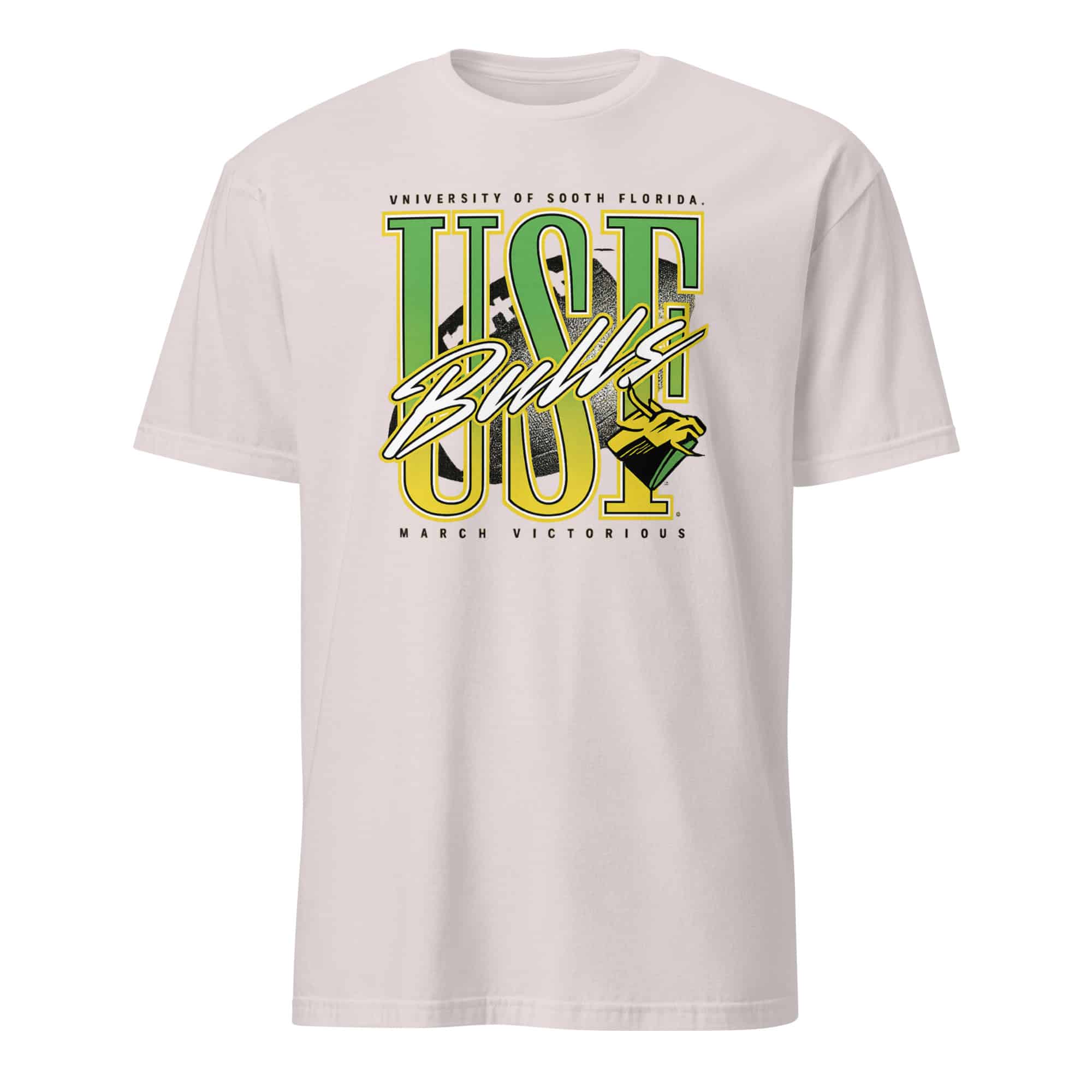 USF Bulls Football Match Victorious Neon Retro Shirt 6 Ice grey USF Bulls Football Victorious Neon Retro Shirt featuring green and gold vintage-style graphics for NCAA football fans