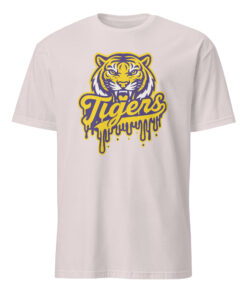 Tigers Mascot Drip Purple Yellow Gold Shirt 21 Tigers Mascot Drip Purple Yellow Gold Shirt on ice grey background for school pride and modern streetwear