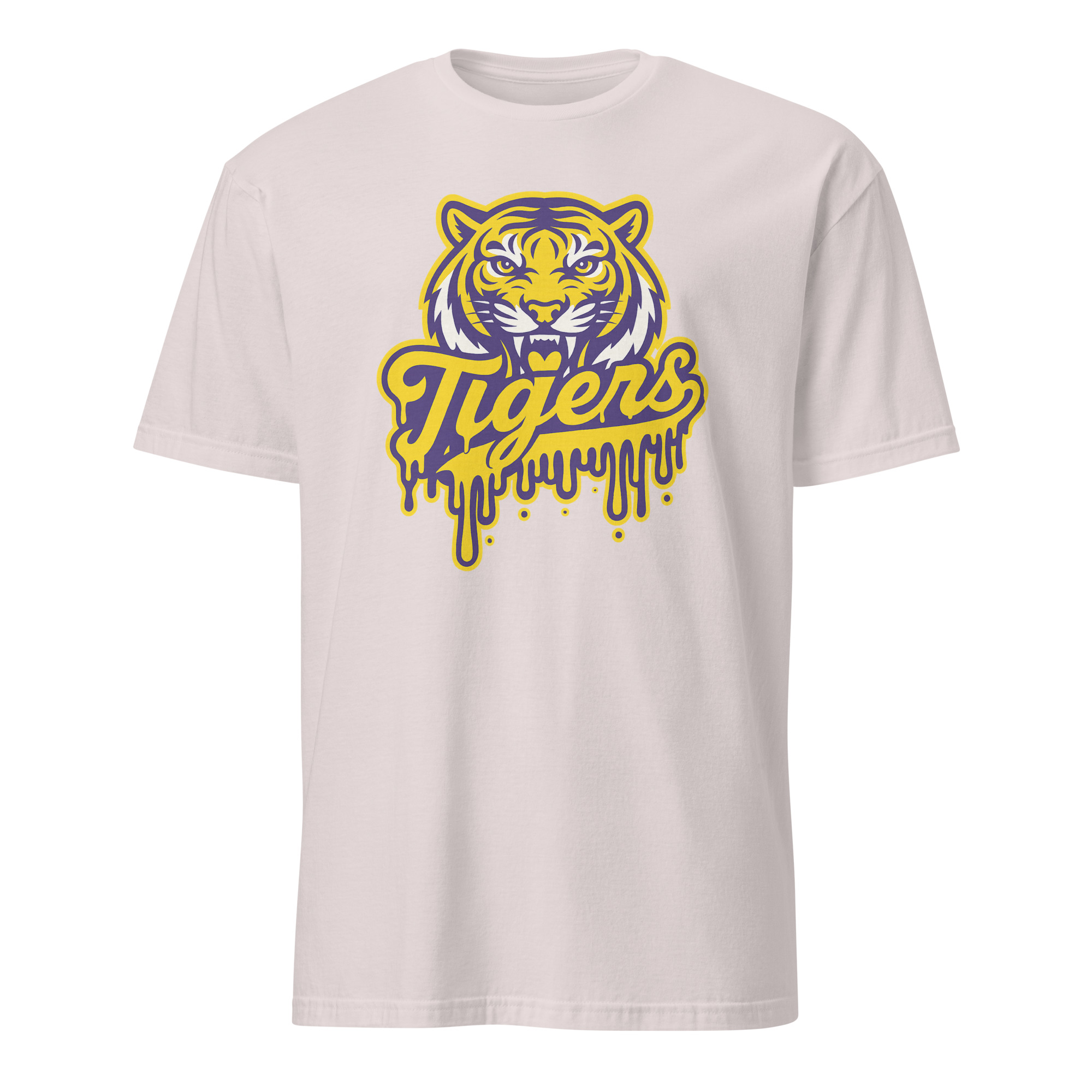 Tigers Mascot Drip Purple Yellow Gold Shirt 10 Tigers Mascot Drip Purple Yellow Gold Shirt on ice grey background for school pride and modern streetwear
