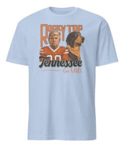 Trump Tennessee VOLS Smoky Hound Dog University of Tennessee Shirt in light blue color featuring Smokey mascot and Donald Trump parody design