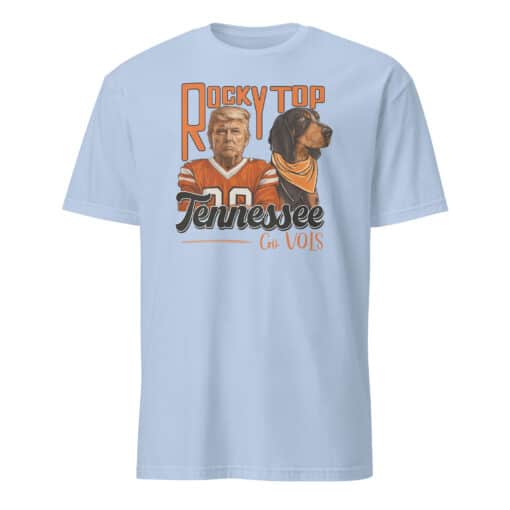 Trump Tennessee VOLS Smoky Hound Dog University of Tennessee Shirt in light blue color featuring Smokey mascot and Donald Trump parody design
