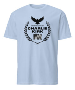 Charlie Kirk Forever in Our Hearts Shirt in Light Blue – viral tribute design tee